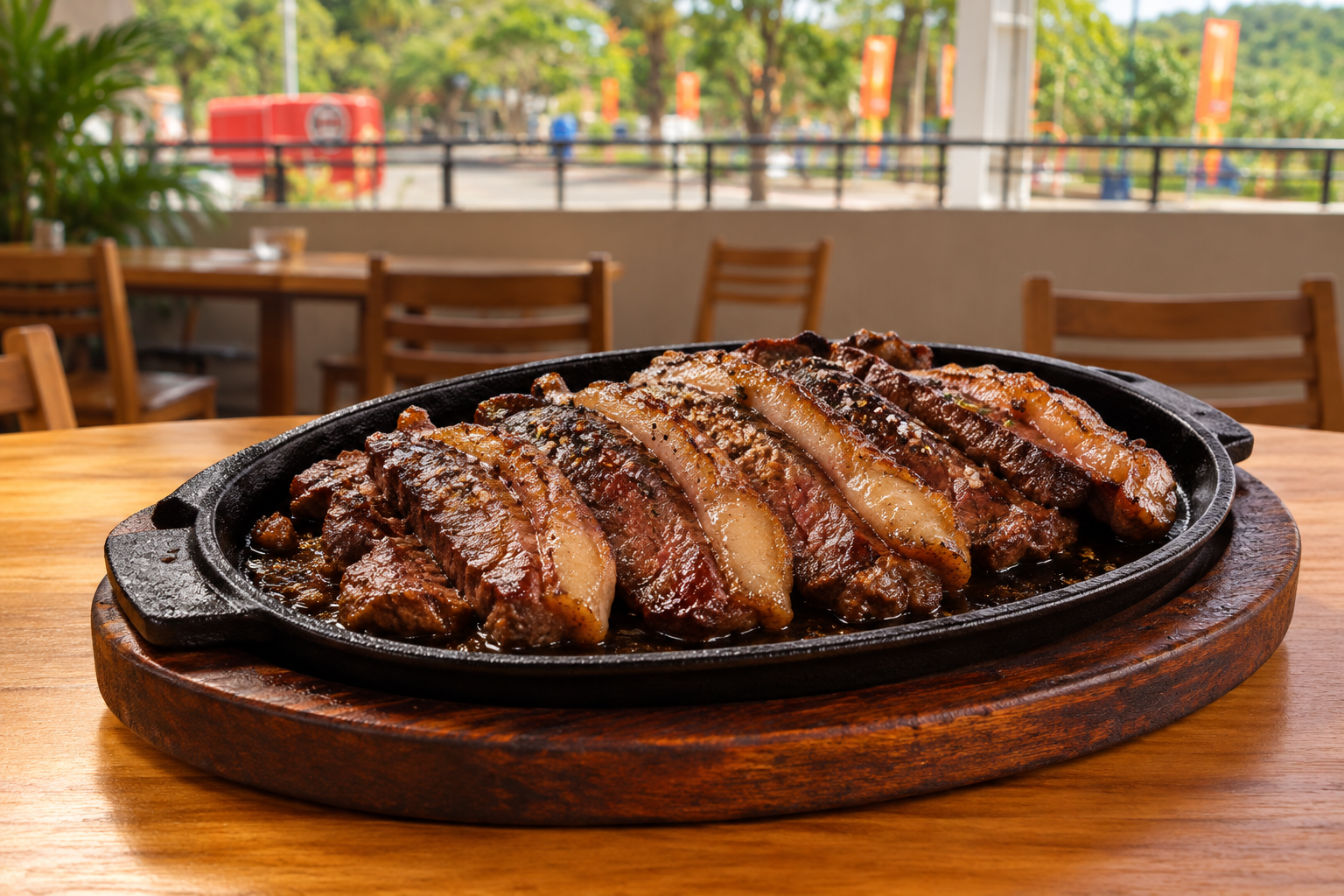 Picanha servida à mesa no ambiente do Aleixo